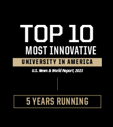 graphic stating: Top 10 Most Innovative University in America 5 Years Running - U.S. News and World Report, 2023
