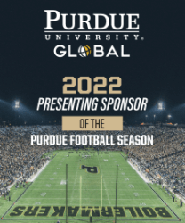 background image of Purdue University football field and spectators with text overlay: Purdue University Global: 2022 Presenting Sponsor of the Purdue Football Season