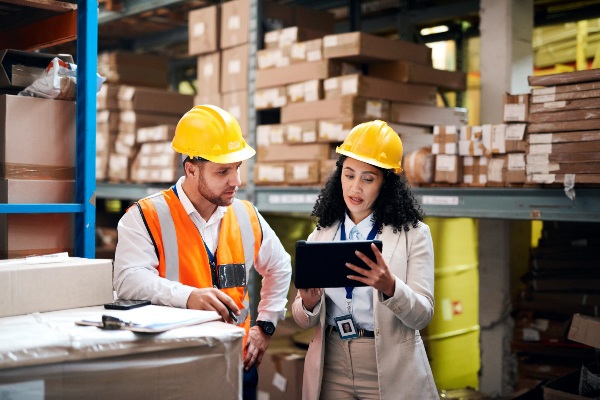 An operations manager looks at a tablet with one of her employees in a warehouse.