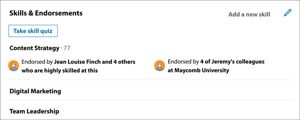 A screenshot of the Skills & Endorsement section of a LinkedIn profile.