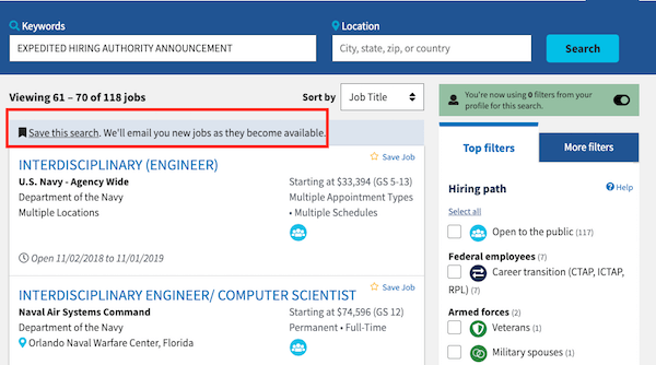 Screenshot from USAJobs.gov that highlights the Save this Search option at the top of the job listings page.