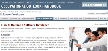 A screenshot of the Occupational Outlook Handbook