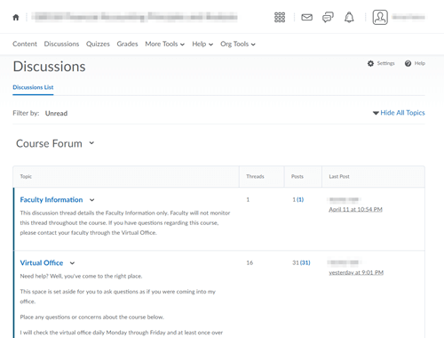 Screenshot of the Discussion board within the Purdue Global Campus portal