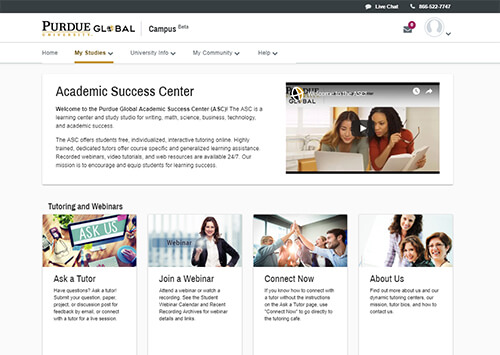 A screenshot of the Purdue Global Academic Success Center