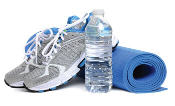 Running shoes, a water bottle, and a yoga mat.
