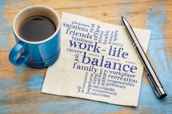 A coffee mug and a pen on a napkin that shows words related to work life balance.