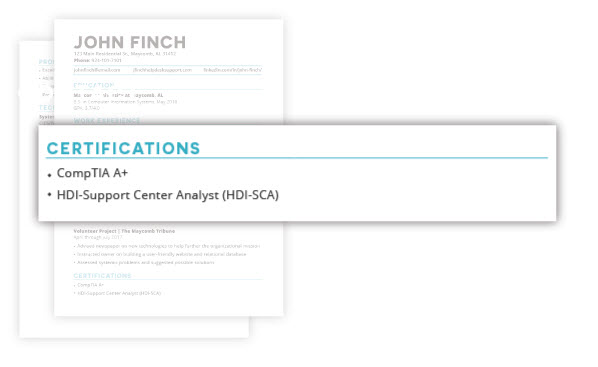 A picture of a resume with the Certifications section highlighted