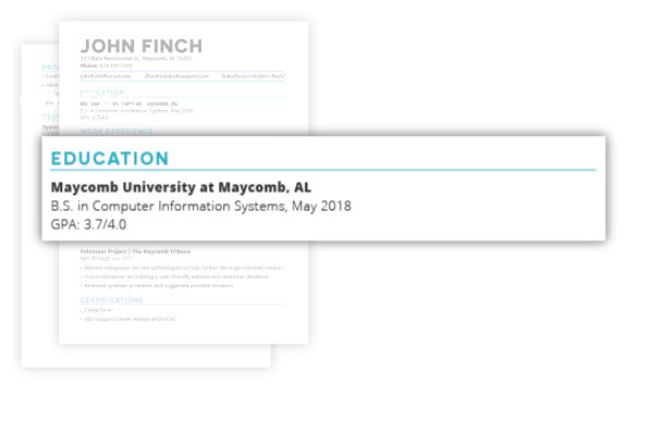 A picture of a resume with the Education section highlighted