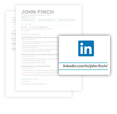 A picture of a resume that highlights the LinkedIn URL