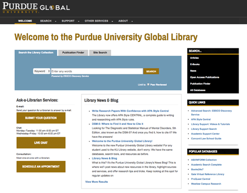 Screenshot of the Purdue Global Library
