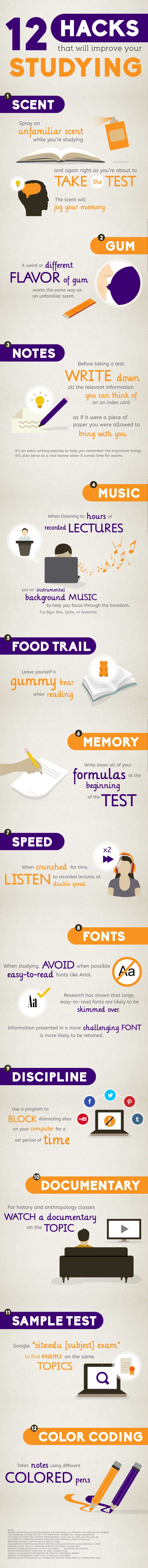 Study Tips Infographic 12 Unusual Study Hacks for College Students infographic